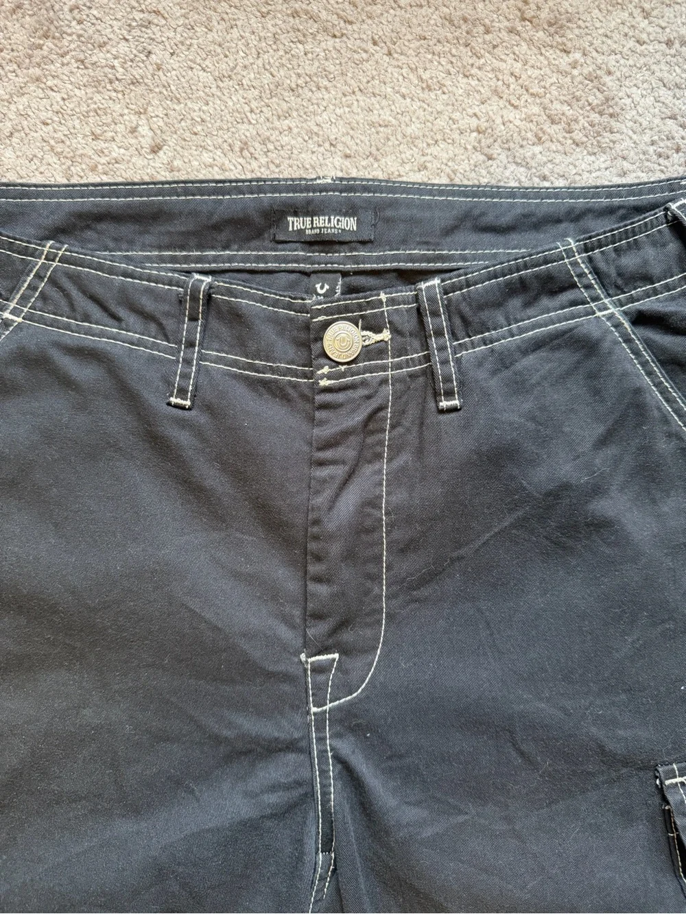 True Religion Black Men's Cargo Pants with Contrast Stitching